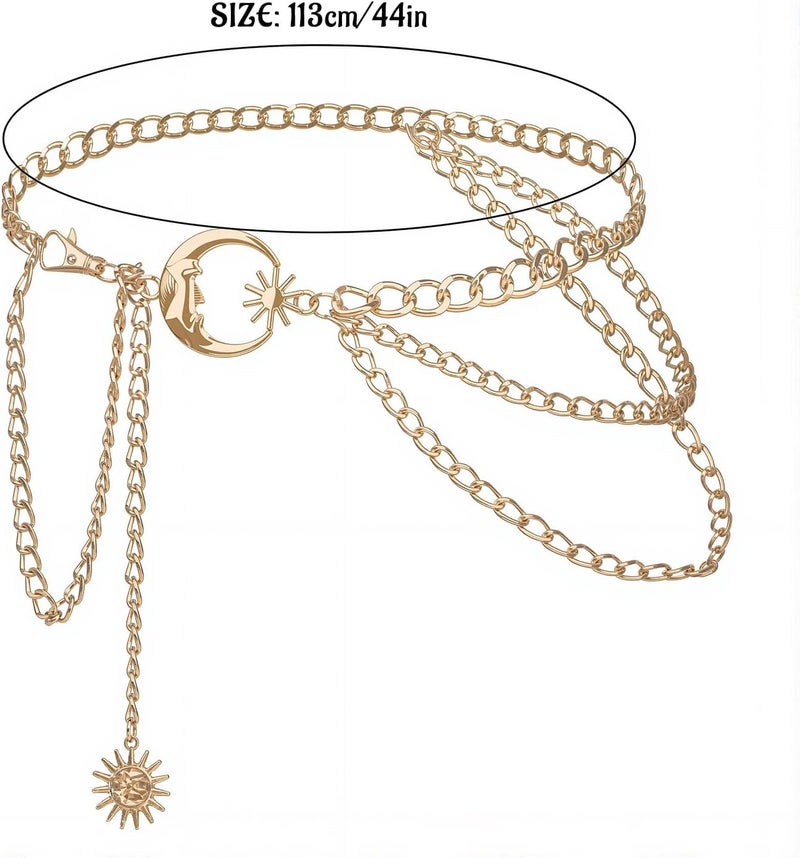 Pinsit Moon and Sun 3 Layered Metal Waist Chain Belt, Chain belt, Chain Belts for Women Dress Jeans(Golden) - Image 2